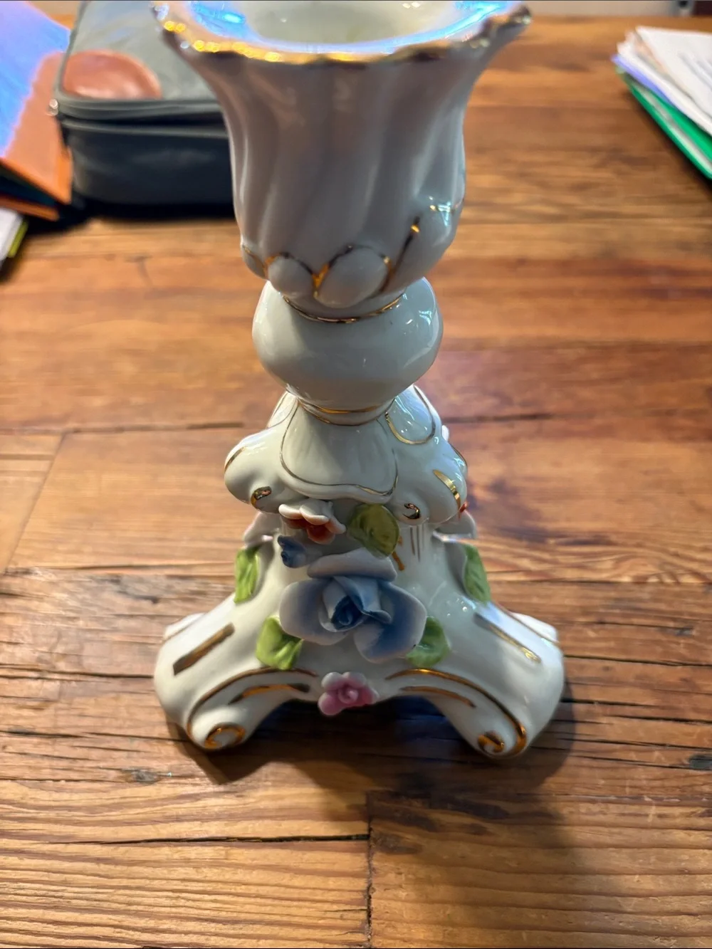 Limoges White Porcelain Candlestick with Pink Rose Accents